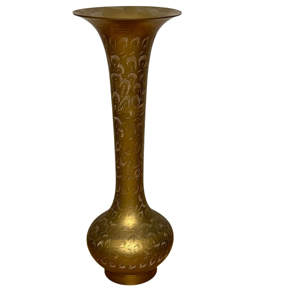 Vintage Etched Brass Bud Vase 12" Floral Engraved Trumpet Neck India Boho‎ Decor